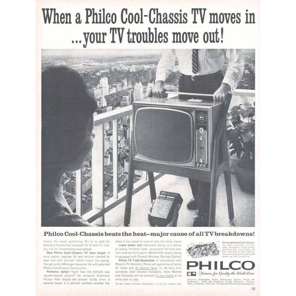 1961 Philco Cool Chassis TV Vintage Print Ad Balcony Skyline NYC Central Park